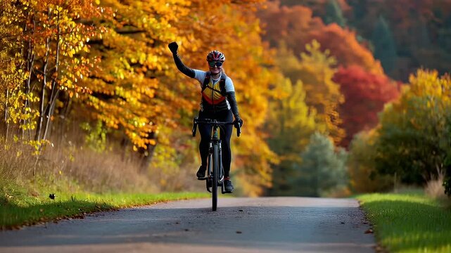 Cardio sports cycling biking exercise, healthy lifestyle. A woman wearing a helmet, goggles, gloves, and a bag, riding a bicycle down a dirt road surrounded by vibrant fall foliage.