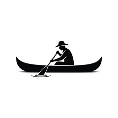 Fisherman Sitting and Paddling Canoe Silhouette