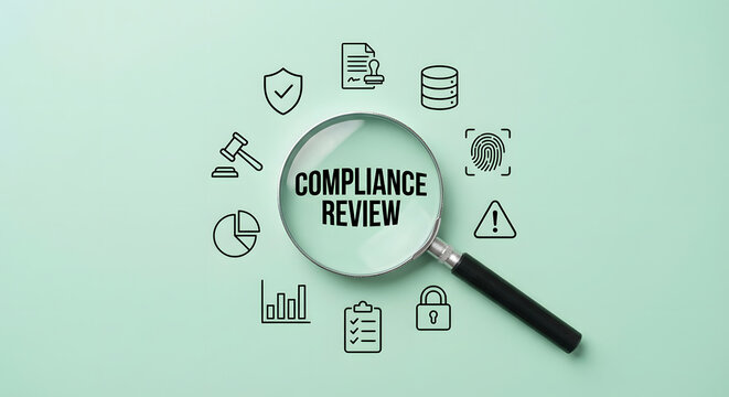 compliance review and business audit concept with magnifying glass over text and icons for legal regulations data security biometric fingerprint policy reports and corporate law