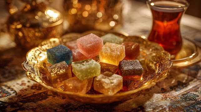 Traditional Turkish delight and colorful candies for Eid celebration, holiday sweet treat concept