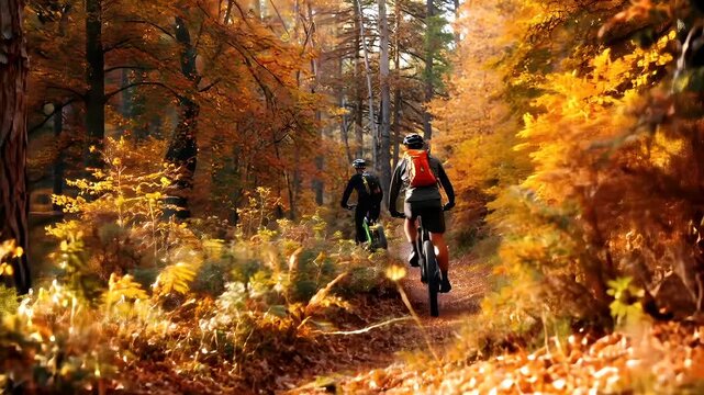 Cardio sports cycling biking exercise, healthy lifestyle. A person riding a mountain bike through a vibrant autumn forest. The trees are adorned with a variety of colors.