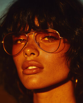 Close-up beauty shot of a woman with mango-shaped sunglasses, warm sunset light, tropical editorial fashion style