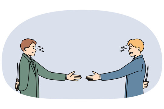 Business partners shake hands and show hypocrisy by holding knives behind backs and want to break agreements. Hypocrisy employees of large corporations making false promises or setting up colleagues