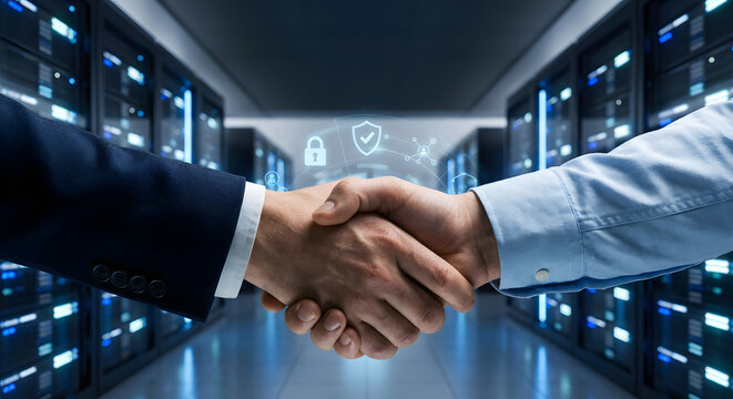 business handshake in server room with digital data protection shield and lock icons for secure cloud computing partnership and corporate network infrastructure security concept