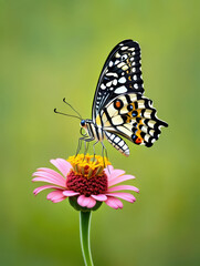 Obraz premium An Exquisite Lime Butterfly Perched on a Delicate Zinnia Flower, Showcasing the Intricate Patterns and Colors of Nature's Tiny Wonders in a Garden Setting