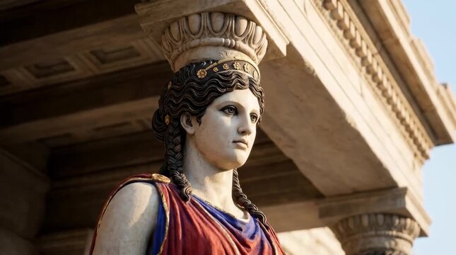 Cinematic recreation of a classical Caryatid statue, ancient Greek architecture