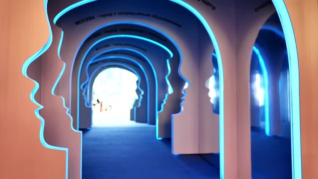 Row of human face profile arches forming an illuminated tunnel at an exhibition