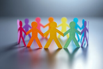 Colorful paper cutout figures holding hands in a circle symbolizing unity friendship and diversity on a reflective surface with soft lighting background