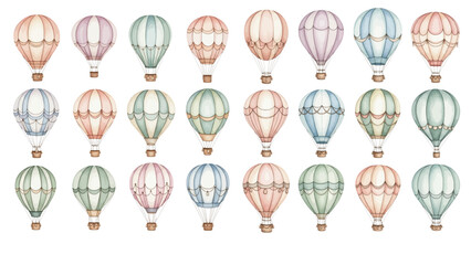 A charming watercolor collection of vintage hot air balloons, including soft pastel tones, decorative panels, and delicate watercolor shading. © liana