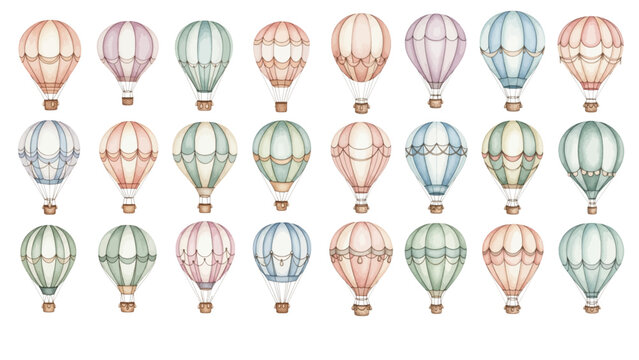 A charming watercolor collection of vintage hot air balloons, including soft pastel tones, decorative panels, and delicate watercolor shading.