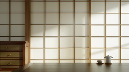 Interior shot of traditional Japanese room, shoji screens, tea set on wooden table, empty space