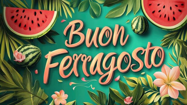 Festive Buon Ferragosto Italian summer holiday banner design featuring watermelon slices, tropical palm leaves, vibrant flowers, and handwritten typography on green background.
