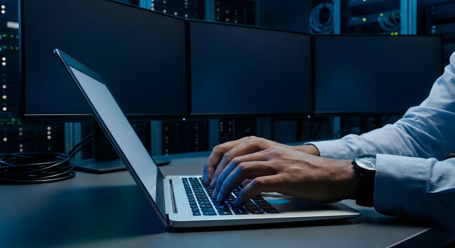 close up of male hands typing on laptop keyboard in dark data center or server room with multiple blank monitors representing professional computer hacker or network engineer