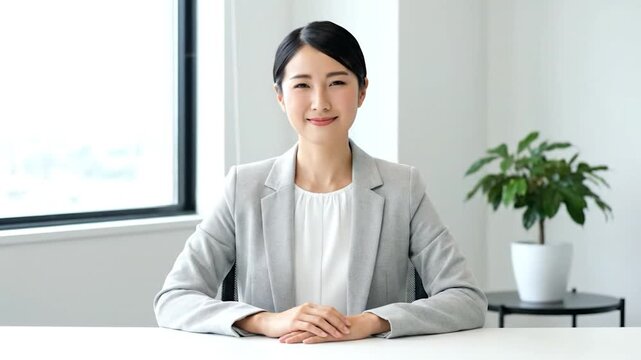 A smiling woman, in a grey blazer, sits at a desk, potted plant