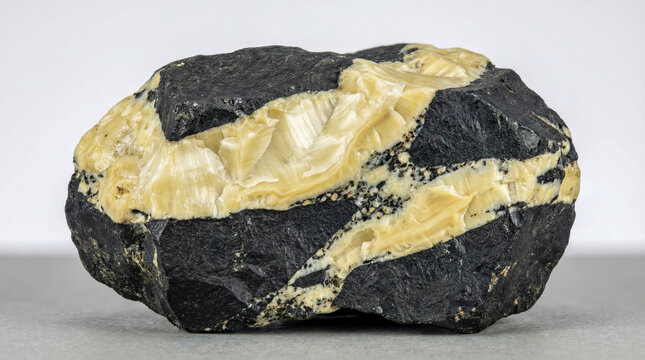 A collectible geological specimen of solid mass of yellowish white ascharite vein in dark magnesian skarn.