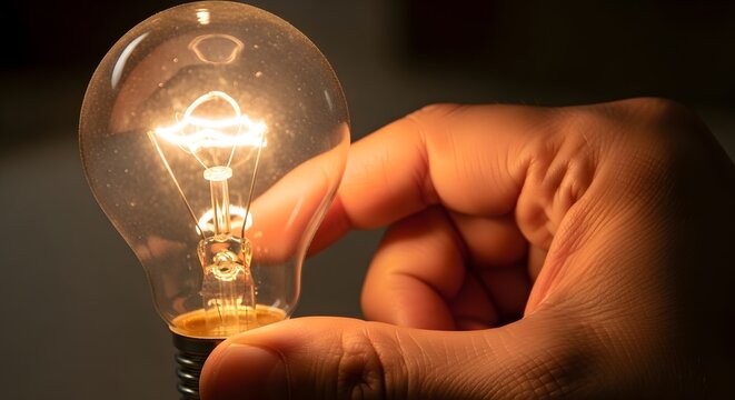 Close up hand touching glowing light bulb, concept idea inspiration