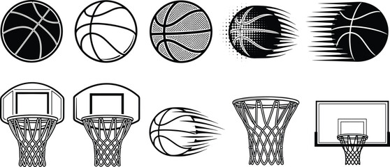 Basketball icon set, hoop and net collection, sport vector illustration, motion ball graphics, black and white design pack © Forit