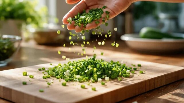 Close up of a cook's hand letting finely diced fresh green onions fall onto a rustic wooden cutting board in a sunlit kitchen, creating a small pile of vibrant ingredients for a meal