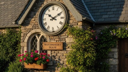 Fototapeta premium Charming watchmaker's house with clock and flowers