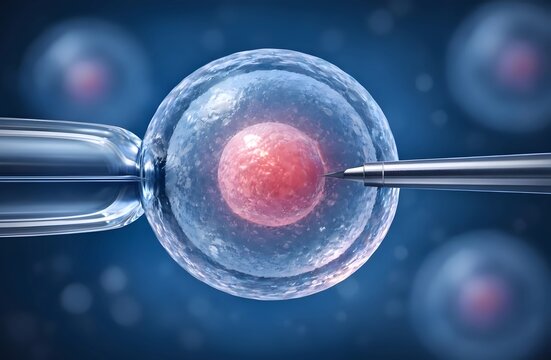 A microscopic image showing In Vitro Fertilization (IVF) via microinjection into a human egg. Fertility concept