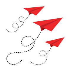 Collection of Flying Red Folded Origami Airplanes with Dotted Route Lines. Add motion and creativity to your designs with this dynamic Collection of Flying Red Folded Origami Airplanes.