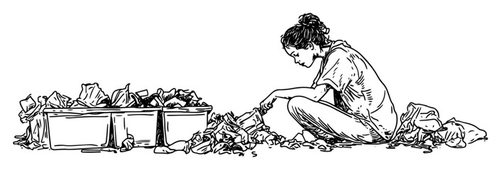 homeless woman sorting through garbage