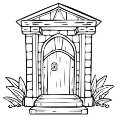 Fototapeta premium Ornate Stone Entrance With Wooden Door and Steps Surrounded by Foliage