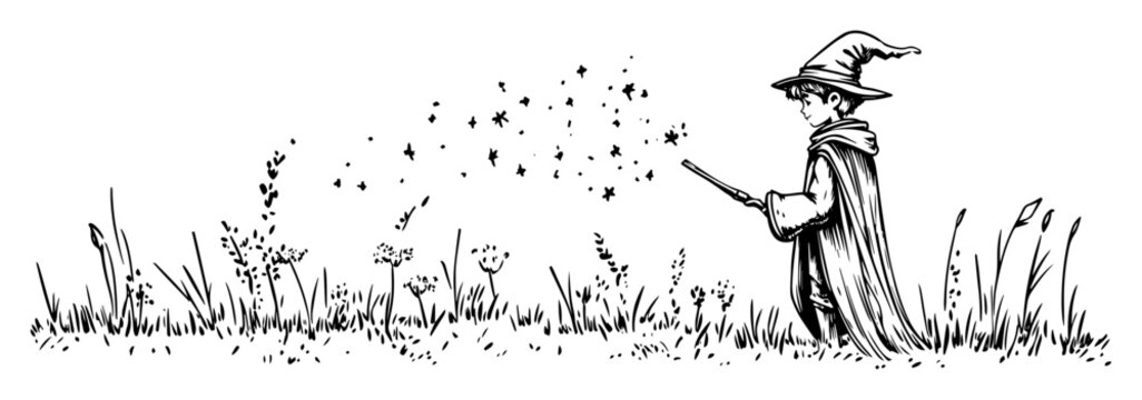 little wizard casting spell in meadow