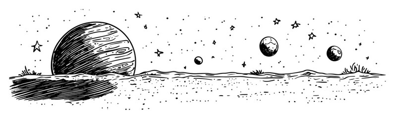 planets and stars over alien landscape