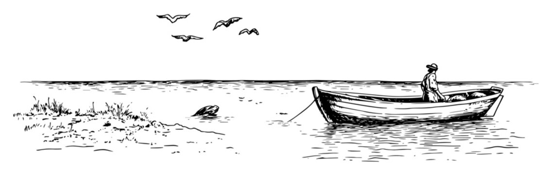 man fishing alone in small boat on lake