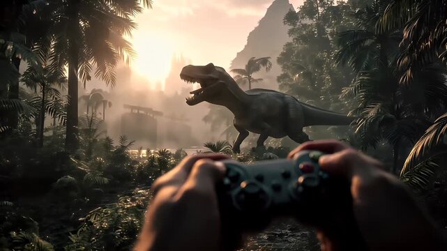 Fun gaming entertainment. A person holding a video game controller in front of a majestic dinosaur in a lush, green environment. The persons hands are visible, gripping the joystick.