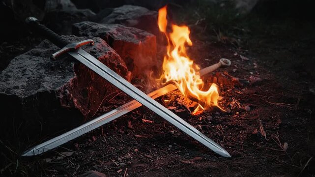Medieval swords lying near burning campfire flames in a dark forest, creating a dramatic historical battle, fantasy, or warrior survival concept atmosphere.