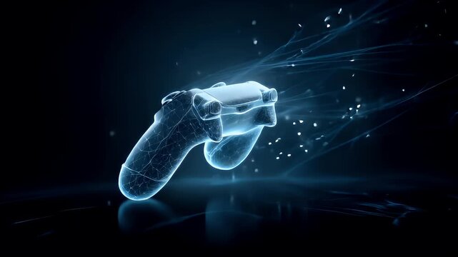 Fun gaming entertainment. A highresolution digital artwork of a video game controller rendered in blue against a dark background.