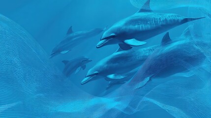 Obraz premium Dolphins Swim Through Blue Water Moving From Left to Right in Wide Space Ahead Showcasing Progress and Strategy in Nature