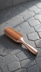 Close-up of a rose-gold metal hairbrush resting on matte grey hexagonal tiles