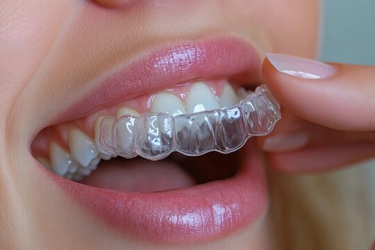 close-up photograph of a woman inserting a clear aligner to protect her teeth from bruxism and improve dental alignment at night