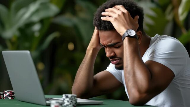 Stressed african american man losing money in online poker game, feeling frustrated and disappointed after a bad bet, experiencing a gambling addiction problem