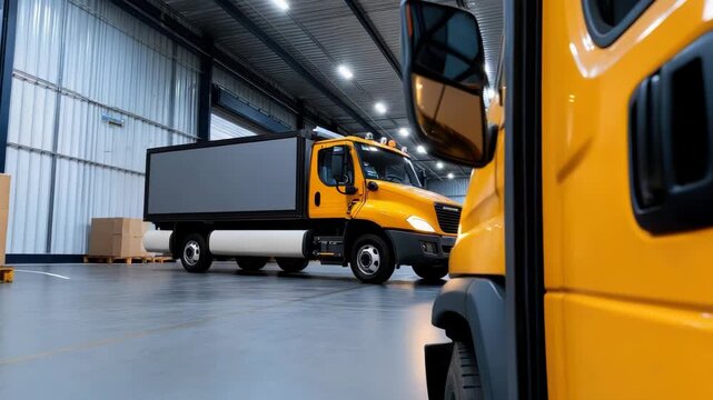 Yellow delivery box truck reversing inside a logistics warehouse for loading cargo, showing the distribution and freight transportation industry concept