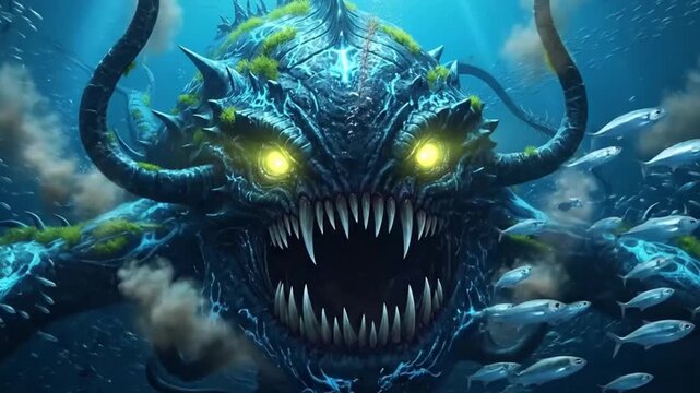 Terrifying sea creature lurking in the dark depths of a deep blue ocean, creating a vivid and surreal underwater fantasy scene.