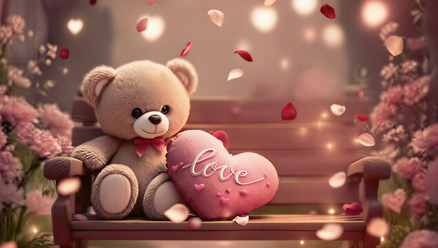 Osito de peluche con coj&iacute;n "love" en banco de madera, rodeado de rosas, mariposas, luces y destellos m&aacute;gicos en un ambiente rom&aacute;ntico y tierno.