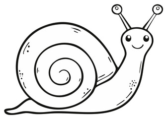 Cute cartoon snail with a spiral shell and happy expression, black and white line art drawing