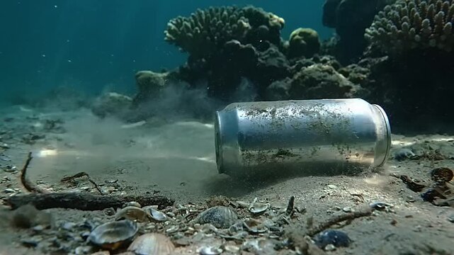 Polluted underwater scene with plastic bottle on ocean floor.