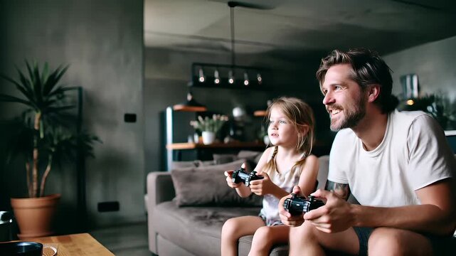 Fun gaming entertainment. A man and a young girl seated on a couch, intently focused on playing video games. The room is illuminated by a few lights attached to the ceiling.
