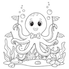 Cute octopus holding flags in underwater scene with plants  