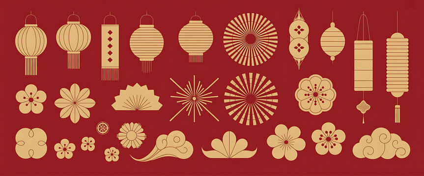 Chinese traditional ornaments frames. Asian decorative borders with lanterns, floral motifs of lotus flower and cherry blossoms. China themed vector elements set. Chinese lunar new year design.