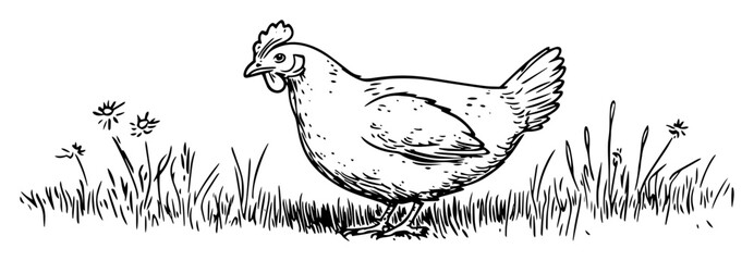 hand drawn chicken walking on grass in vintage sketch style © Kaz
