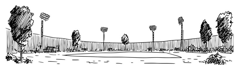 empty sports field with stadium lights and fence in sketch style © Kaz