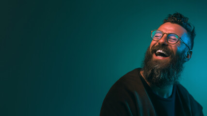 Expressive portrait of mature man with beard and glasses cheerful laughing. Joy, confidence, individuality, diversity, positive emotions, authentic personality. Teal background. Banner, copy space.