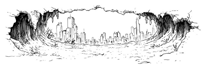 post apocalyptic city viewed through forest clearing in sketch style © Kaz