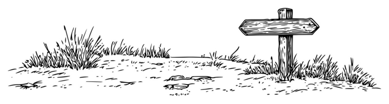 wooden signpost on rural path with grass in hand drawn sketch